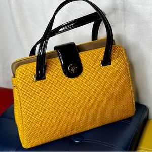 60s Frame accordion handbag Mustard knit upholstery black patent handles vinyl